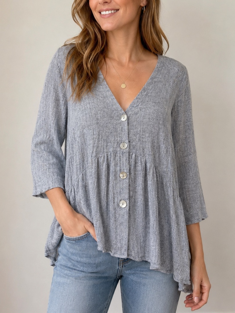Zara Flowy V-Neck Button Front 3/4 Sleeve Blouse Grey Relaxed Lightweight Top M